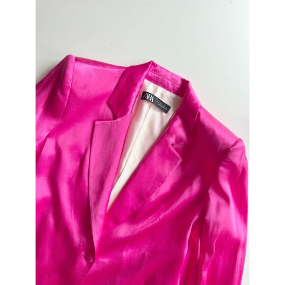 ZARA Hot Pink Satin Waist Tie Oversized Single Breasted Blazer Jacket, Size L - Picture 8 of 15